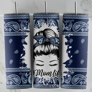 Messy Bun Mom Life • 20oz Skinny Tumbler Wrap PNG-bestand • Blue Paisley Bandana Sublimation Wrap • DIGITAAL bestand • 20oz Skinny Tumbler Design