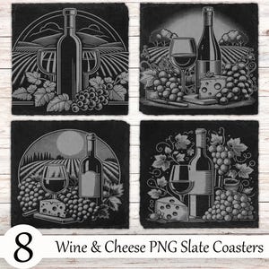 8 Wine & Cheese Slate Coaster Files, PNG Laser Engraved, Glowforge , Slate Tile Laser Digital Download, Vineyard Slate Coaster Engraving