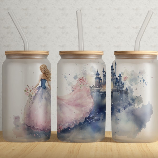 Fairy Tale Castle 16oz Libbey Glass Tumbler Wrap PNG File • Watercolor Castle 16oz Tumbler Sublimation Wrap • Princess • Digital Download