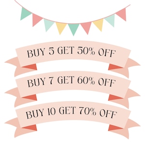 May include: A promotional graphic with text on pink ribbons. The text reads "BUY 5 GET 50% OFF", "BUY 7 GET 60% OFF", and "BUY 10 GET 70% OFF". A banner of pastel-colored triangles is at the top.