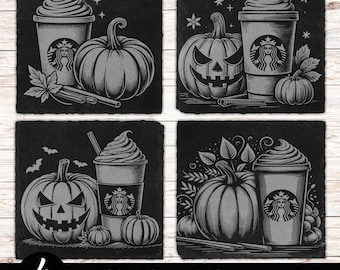 4 Pumpkin Spice Latte Coaster Files, PNG Laser Engraved, Glowforge, Slate Tile Laser Digital File, Halloween Slate Coaster Design