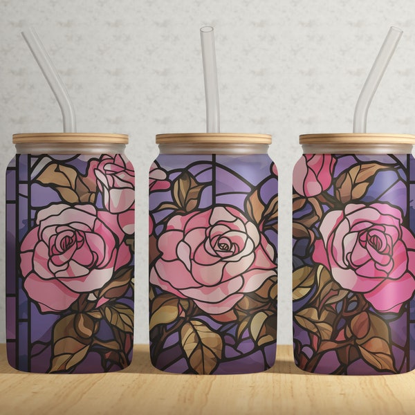 Stained Glass Pink Roses 16oz Libbey Glass Tumbler Wrap PNG File • Stained Glass 16oz Glass Can Sublimation Design Wrap • Digital File