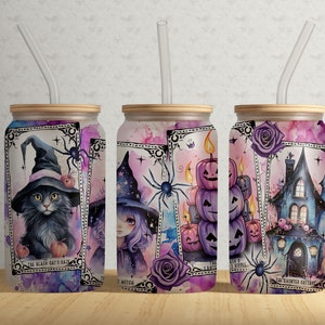 Cartas del Tarot 16oz Libbey Glass Tumbler Wrap Archivo PNG • Halloween • Gato Negro • Brujas 16oz Tumbler Sublimation Design Wrap • Archivo Digital