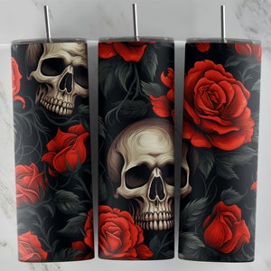 Schädel rote Rosen und Reben 20 Unzen Skinny Becher Sublimation PNG Datei • 20 Unzen Becher Wrap • Schädel rote Rosen Becher Design • NUR Digital