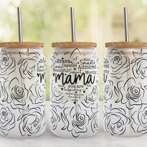 Mama Mom 16oz Glass Can Tumbler Wrap PNG File, 16oz Libbey Glass Tumbler Sublimation, Mothers Day 16oz Tumbler Template, Digital