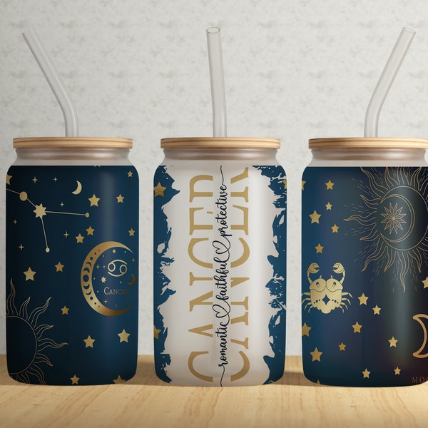 CANCER Constellations Zodiac Sign 16OZ Libbey Glass Can Wrap PNG File • Sublimation Design Template • Cancer • Astrology • Digital Download