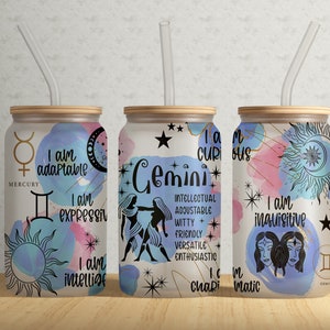 Znaki zodiaku BLIŹNIĘTA 16oz Libbey Can Tumbler Wrap PNG Plik • Gemini Affirmation 16oz Tumbler Sublimacja Projekt • Horoskop