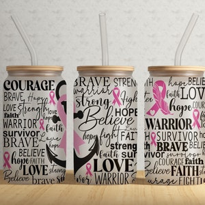 Breast Cancer Ribbon 16oz Glass Tumbler Wrap PNG File • Breast Cancer Anchor • 16oz Tumbler Sublimation Design • Digital Download