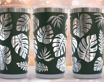 Diseño de envoltura completa grabada con láser de planta Monstera para vaso de 20 oz, SVG, envoltura de vaso para rotatorio, diseño grabado con láser para vaso de 30 oz