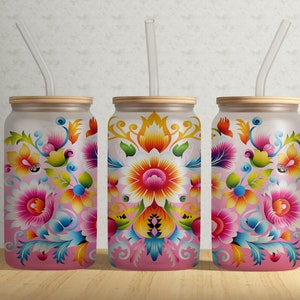 Mexican Flower Embroidery 16 Oz Libbey Glass Can Sublimation PNG File - 16 oz Glass Tumbler Wrap Template - INSTANT Digital Download