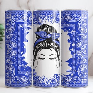Blue Bandana 20oz Skinny Tumbler Sublimation Design • Messy Hair Bun Girl • 20oz Skinny Tumbler  PNG file  Sublimation Design