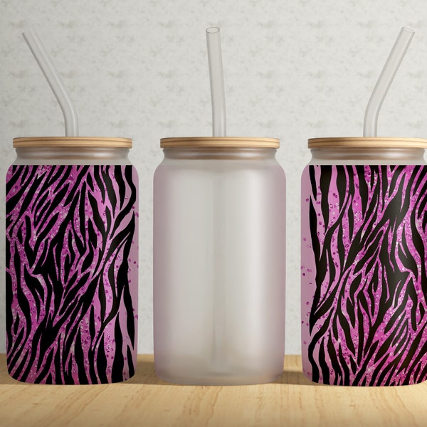 Pink Glitter Zebra 16oz Libbey Can Tumbler Wrap PNG File • Zebra Pattern 16oz Glass Can Sublimation Design • Hot Pink Glitter Overlay