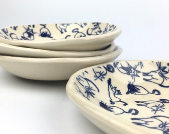 Small Ceramic Plate - Blue and White - Dipping Dish - Handmade Pottery - Pet Bowl for Soft Food