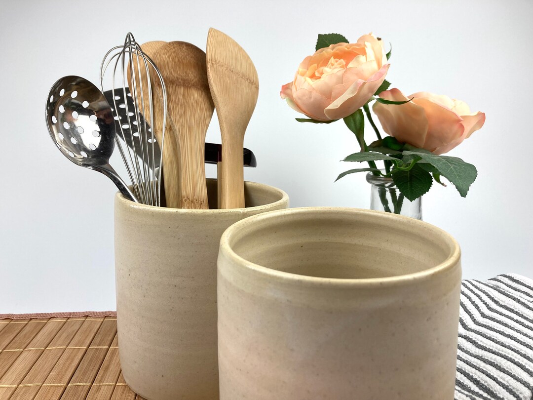 Ceramic Utensil Holder Beige Handmade Gift for Pottery Lovers Etsy