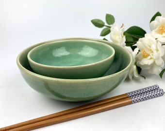 Asian Style Ceramic Nesting Bowls - Wheel-thrown Pottery - Jade Green - Rice and Salad - Mother and Daughter