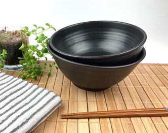 Satin Black Wheel-thrown Ceramic Ramen Bowl - Asian Style - Handmade Pottery