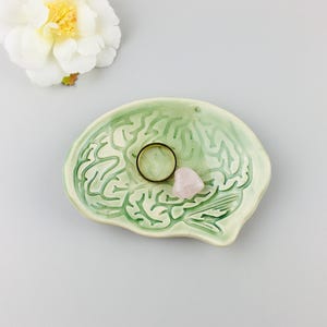 May include: A light green ceramic trinket dish shaped like a human brain with a glossy finish. A simple gold-toned metal ring and a small, smooth, pale pink heart-shaped stone are placed inside the dish. The dish features intricate grooves.