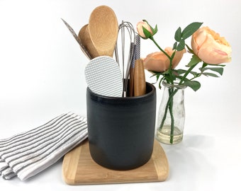 Ceramic Utensil Holder - Satin Black - Wheel-thrown Pottery - Kitchen Essentials