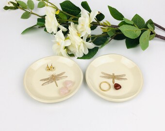 Ceramic Ring Dish with Goden Dragonfly Decal - Handmade Pottery - Incense Holder