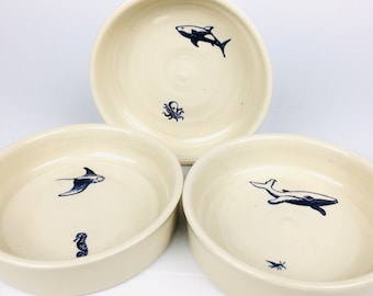 Wheel-thrown Pet Bowl - Ocean Themed - Blue and White - Gift for Pet Lovers