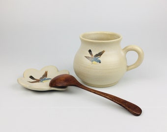 Set of Ceramic Coffee Mug and Spoon Rest with Vintage Bird Decals - Wheel-thrown Pottery - Gift for Mom