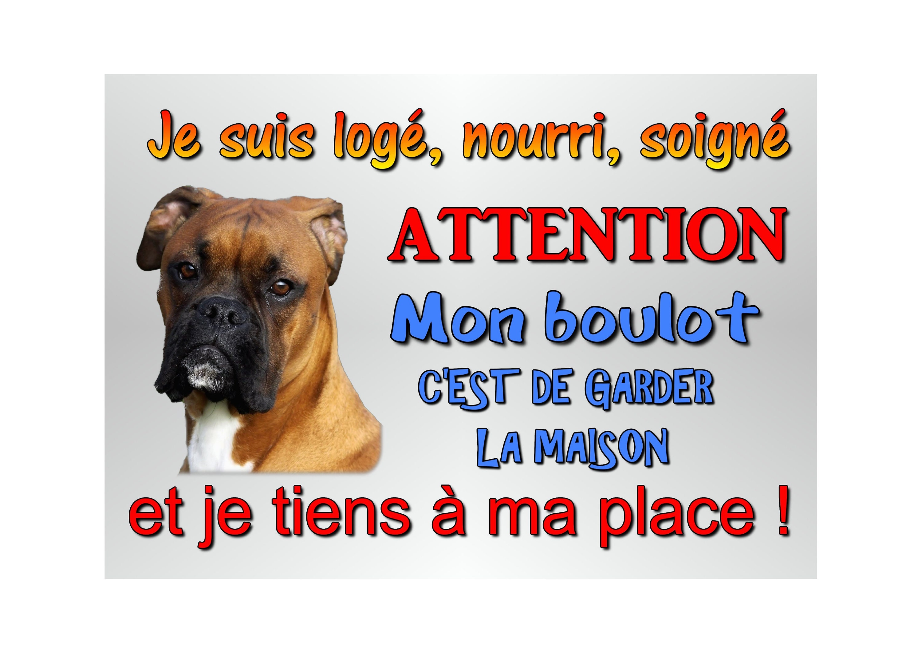 Plaque Attention Chien Boxer Humoristique en Métal 29 X 20 Angles Arrondis Percée Aux 4 Coins Réf 51