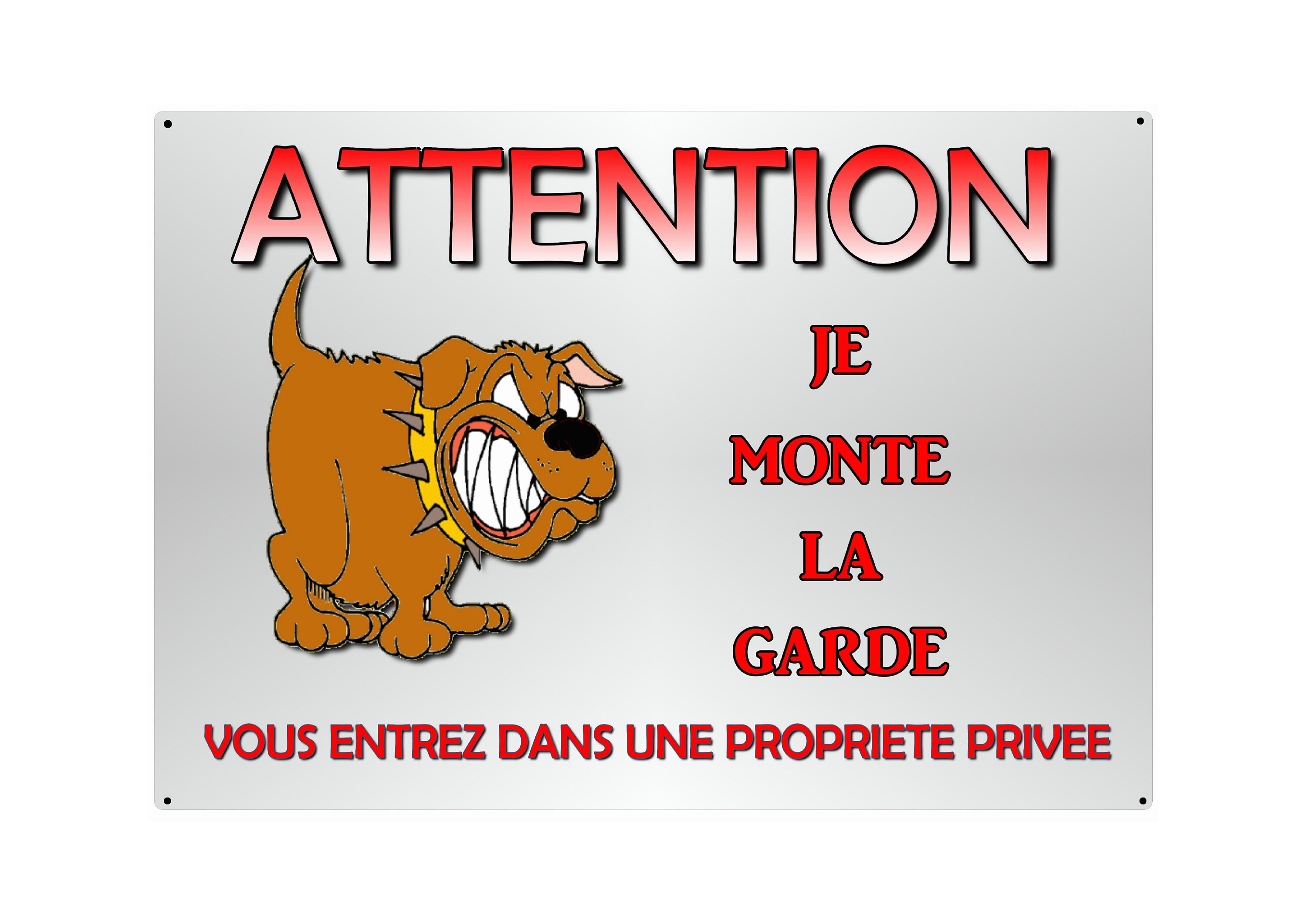 Plaque Attention Chien en Métal 29 X 20 Angles Arrondis Percée Aux 4 Coins Réf 28