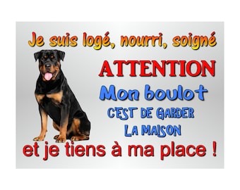 plaque attention chien rottweiller humoristique en métal 29 X 20 angles arrondis percée aux 4 coins réf 51