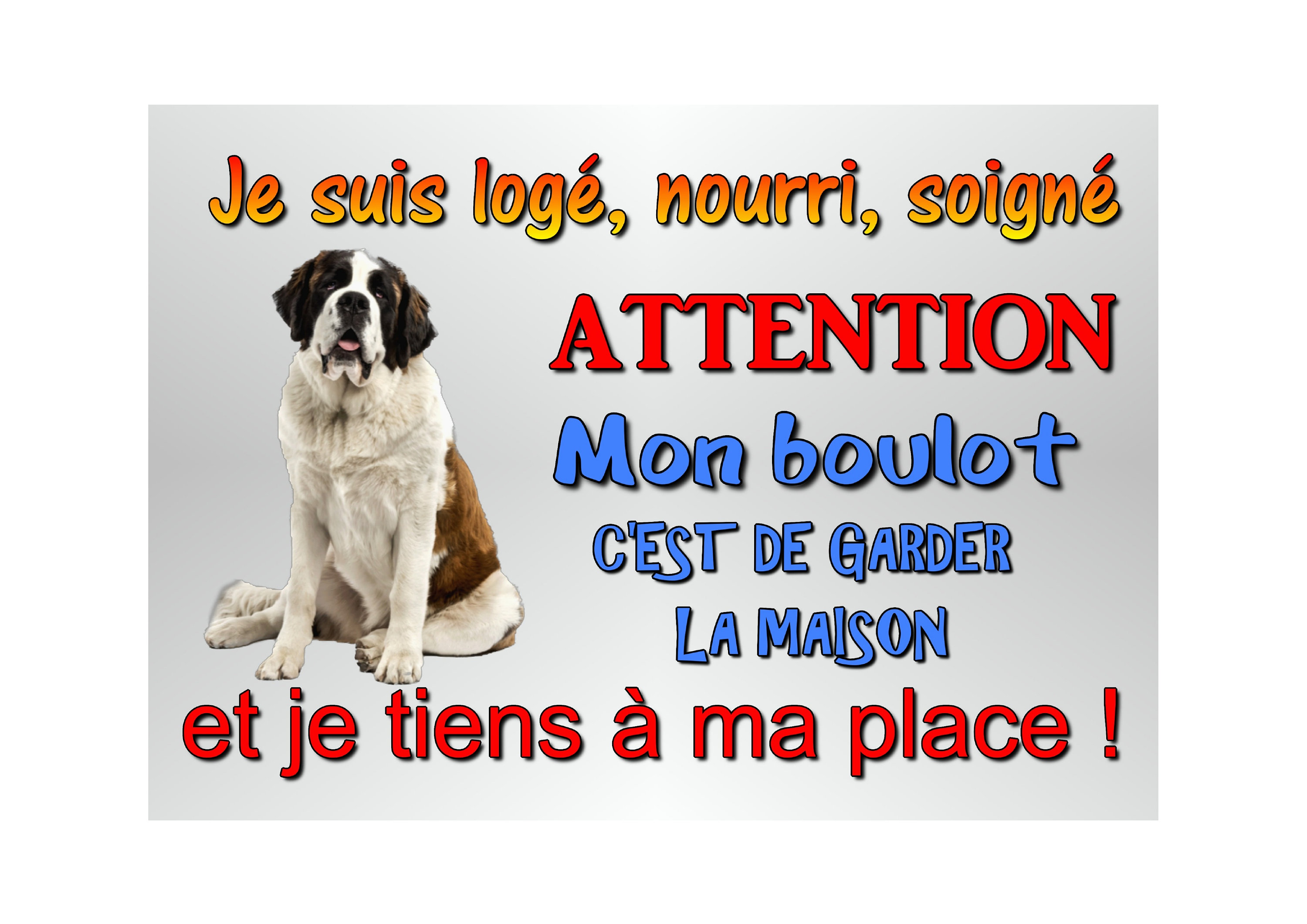 Plaque Attention Chien Saint Bernard Humoristique en Métal 29 X 20 Angles Arrondis Percée Aux 4 Coin