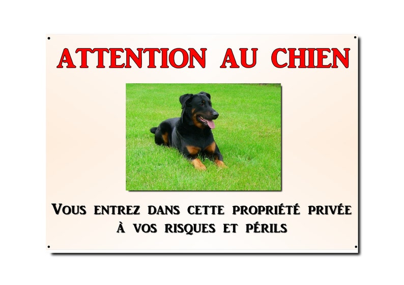 Puede incluir: Un letrero rectangular con el texto "ATTENTION AU CHIEN" en letras rojas. Debajo, una foto de un perro negro y marr&oacute;n tumbado sobre hierba verde. El letrero tambi&eacute;n incluye el texto "VOUS ENTREZ DANS CETTE PROPRI&Eacute;T&Eacute; PRIV&Eacute;E &Agrave; VOS RISQUES ET P&Eacute;RILS".
