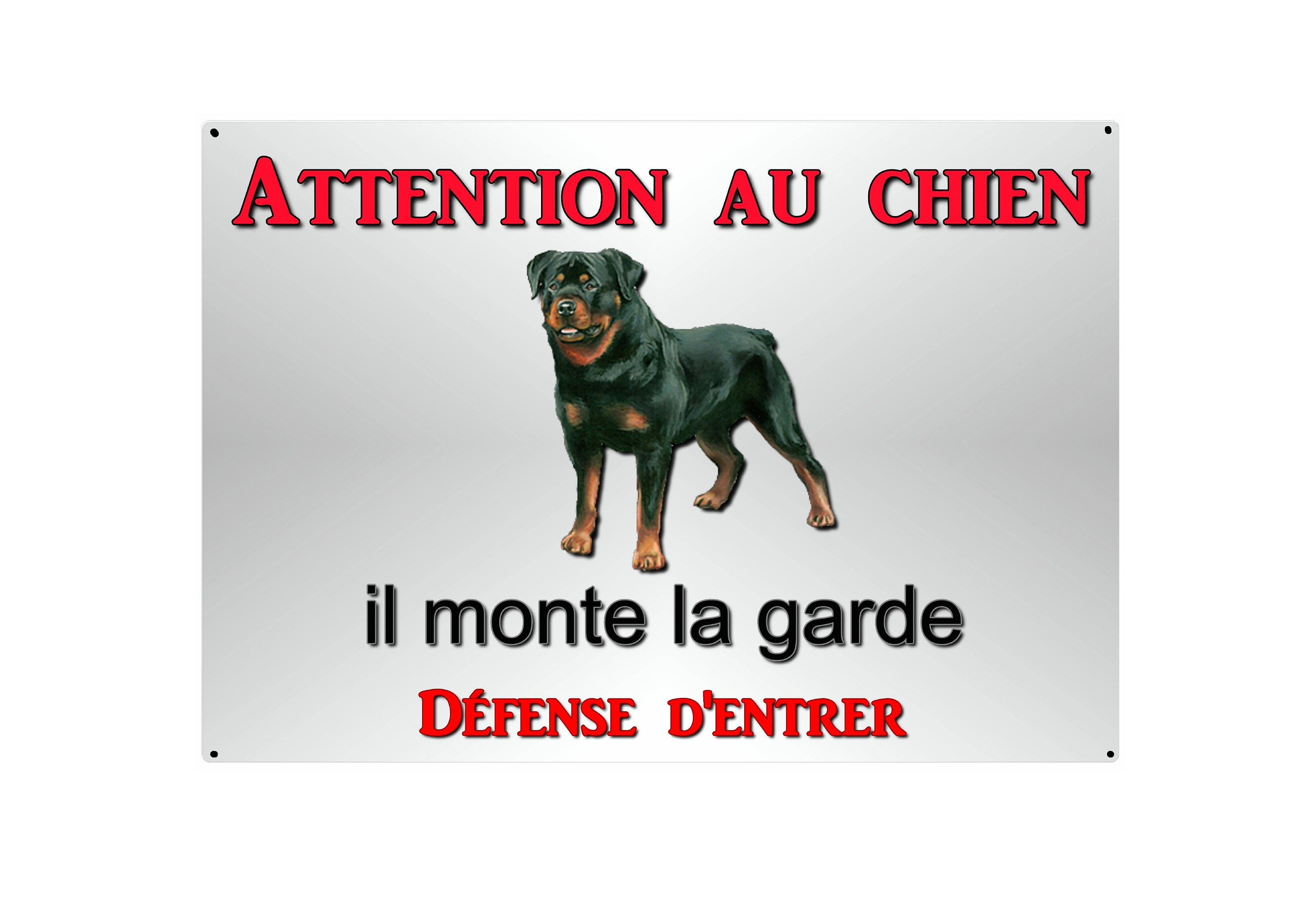 Plaque Attention Au Chien Rottweiller Métal 29 X 20 Angles Arrondis Percée Aux 4 Coins Réf 08