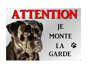 plaque attention chien cane corso en métal 29 X 20 angles arrondis percée aux 4 coins réf 39