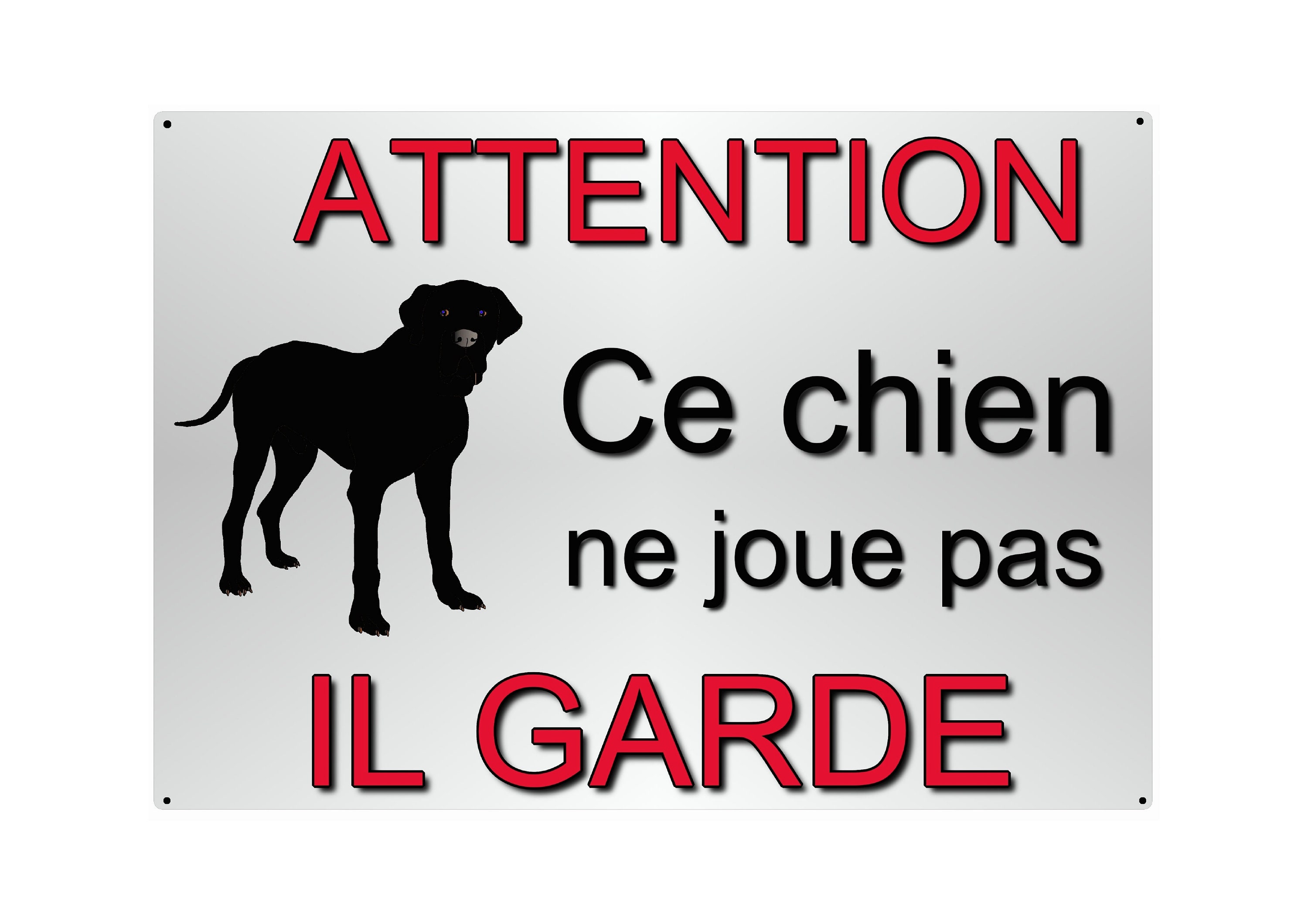 Plaque Attention Chien en Métal 29 X 20 Angles Arrondis Percée Aux 4 Coins Réf 25