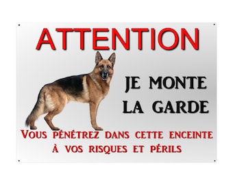 plaque attention au chien berger allemand en métal 29 X 20 angles arrondis percée aux 4 coins réf 14