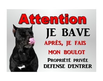 metal attention dog cane corso plaque 29 x 20 rounded corners drilled in 4 corners ref 56