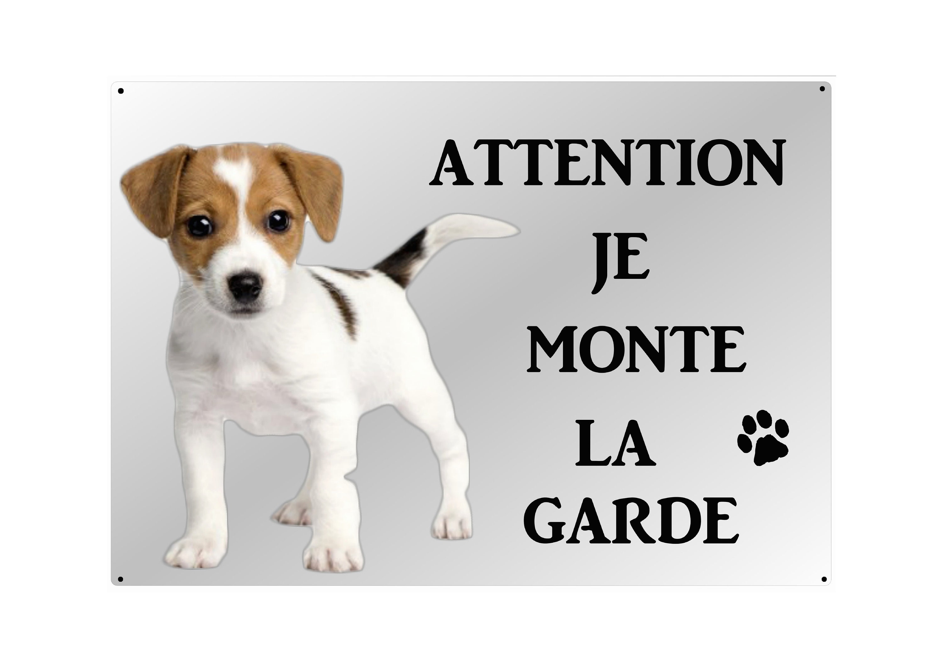 Plaque Attention Chien Jack Russel en Métal 29 X 20 Angles Arrondis Percée Aux 4 Coins Réf 41