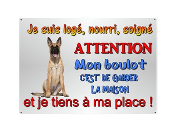 plaque attention chien malinois berger belge humoristique en métal 29 X 20 angles arrondis percée aux 4 coins réf 51