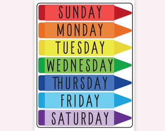 Dagen van de week afdrukbaar, Rainbow Poster, Rainbow Print, Leraarteken, Educatieve Poster, Montessori Materialen, Klasbord, Art Print
