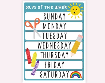 Classroom Sign, Educational Poster, Days of the Week Print, Montessori Materials, Rainbow Poster, Educational Prints, Teacher Sign