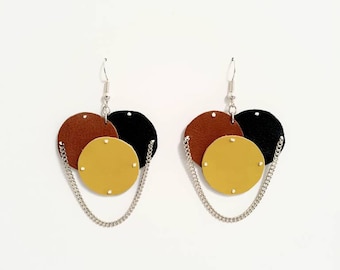 BUBBLES black brown yellow circle geometric and boho dangle Statement leather earrings