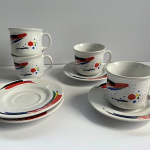 Tulowice Poland Coffee Tea Set 4 mugs 4 Plates Art Deco Memphis Style Rare MCM Post Modern Southwest