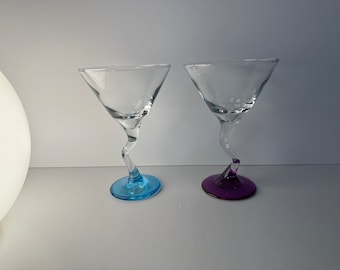 Set of 2 Vintage Libbey Zig Zag Wavy Stem Martini glasses Blue & Pink