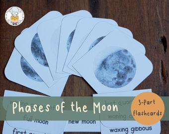 Phases of the Moon | Three-Part Flash Cards | Space Unit | Nomenclature and Montessori Cards | Homeschool Learning | PDF Download