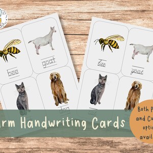 May include: Printable farm animal handwriting cards featuring watercolor illustrations of a bee, goat, cat, dog, and the words "bee", "goat", "cat", and "dog".  Both print and cursive options are available.