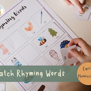 Rhyming Words Matching Activity | Phonics and Reading Learning Printable | Preschool and Homeschool | Busy Book Binder | PDF Download