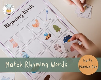 May include: A printable worksheet for kids to match rhyming words. The worksheet features colorful illustrations of a cat, hen, bee, tree, man, dog, pear, and pen. The words "Rhyming Words" and "Match Rhyming Words" are printed on the worksheet. The words "Early Phonics Fun" are printed on a green and orange circle.