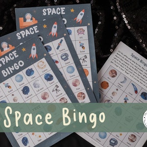 Space Bingo Activity - Jeu amusant d'apprentissage de l'espace et du système solaire - 50 cartes à jouer uniques