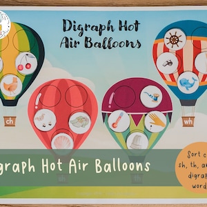 May include: A printable educational game for kids featuring four hot air balloons with different digraphs: ch, sh, th, and wh. The game instructs children to sort words by digraph.