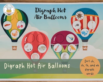 Digraph Sorting Activity | Hot Air Balloons | Phonics Game | Learning to Read | Preschool, Elementary, Homeschool Activity | PDF Download