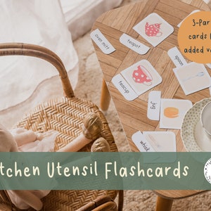 May include: A set of 3-part kitchen utensil flashcards with illustrations of a teapot, teacup, spoon, jug, whisk, oven mitt, and dishcloth. The text "3-Part cards for added value" and "Kitchen Utensil Flashcards" is also visible.